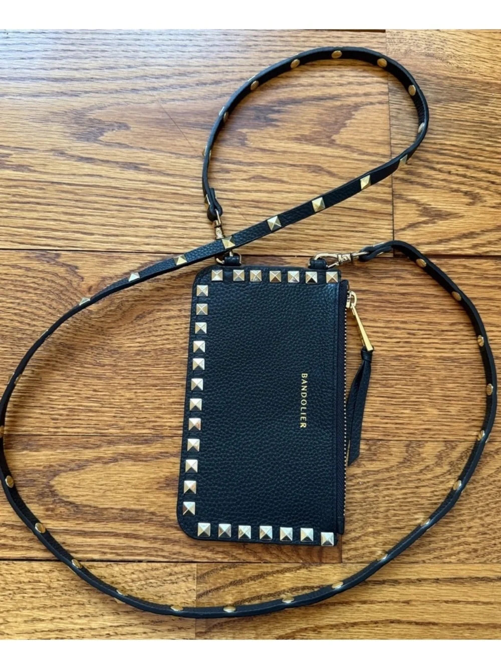 Bandolier Black Leather Studded Crossbody Card Holder with Gold Accents - Picture 1 of 2